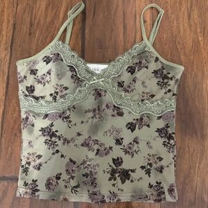 Pink Rose Green Floral Lace Cami Top